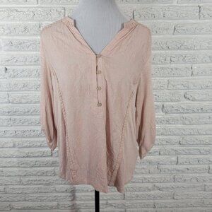 Democracy Womens Top XL Roll Tab 3/4 Sleeve Pink Embroidered Ric Rac PIN35E